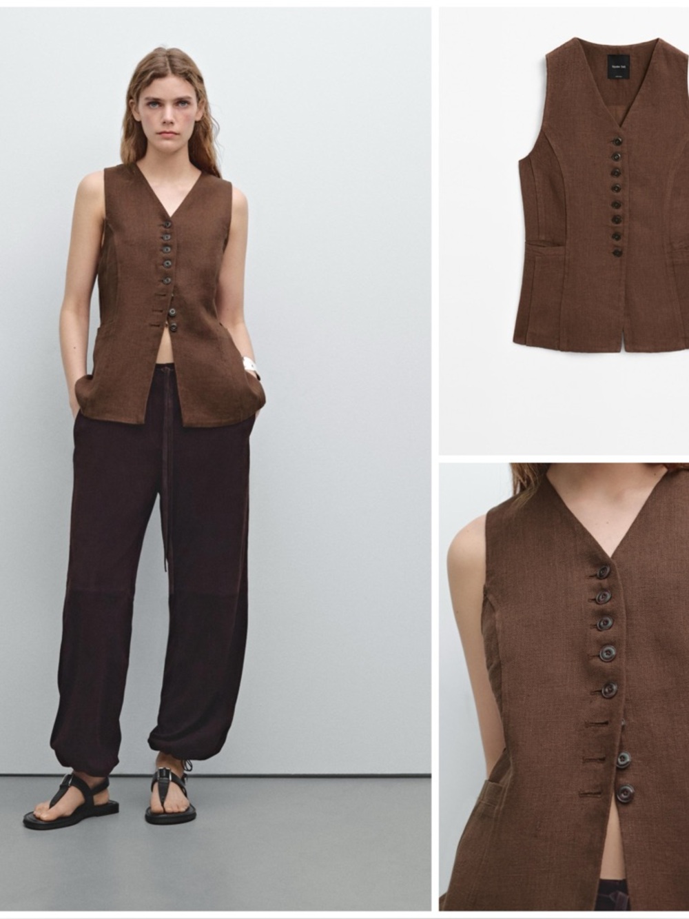 Massimo Dutti ~ Long Waistcoat / Vest With Linen Fabric Detail
